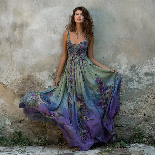Vintage Floral Embroidered Purple Gradient Flowy Linen Maxi Dress