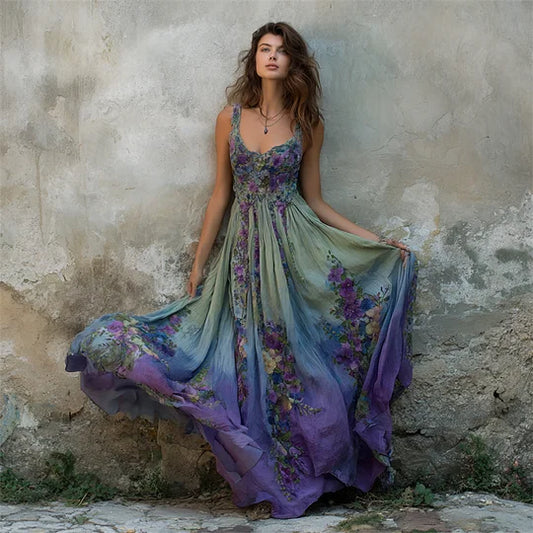 Vintage Floral Embroidered Purple Gradient Flowy Linen Maxi Dress