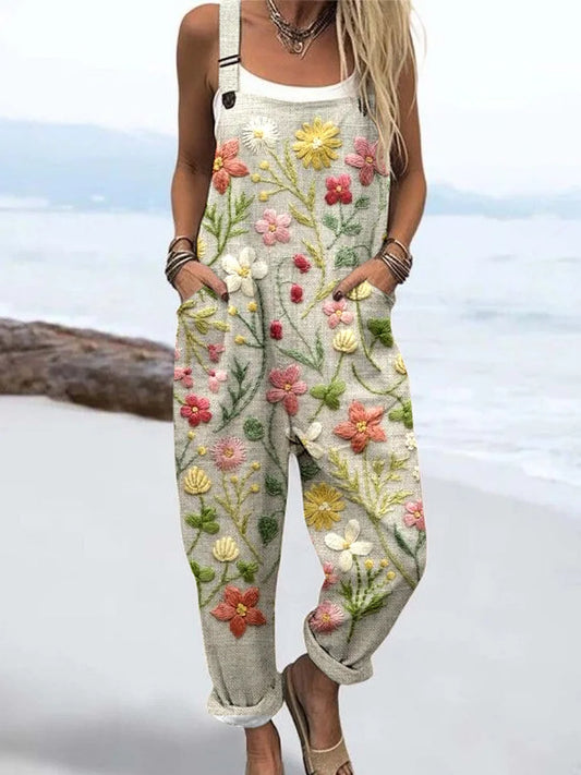Wome's Retro Elegant Flower Print Casual Cotton Wide Leg Jumpsuit